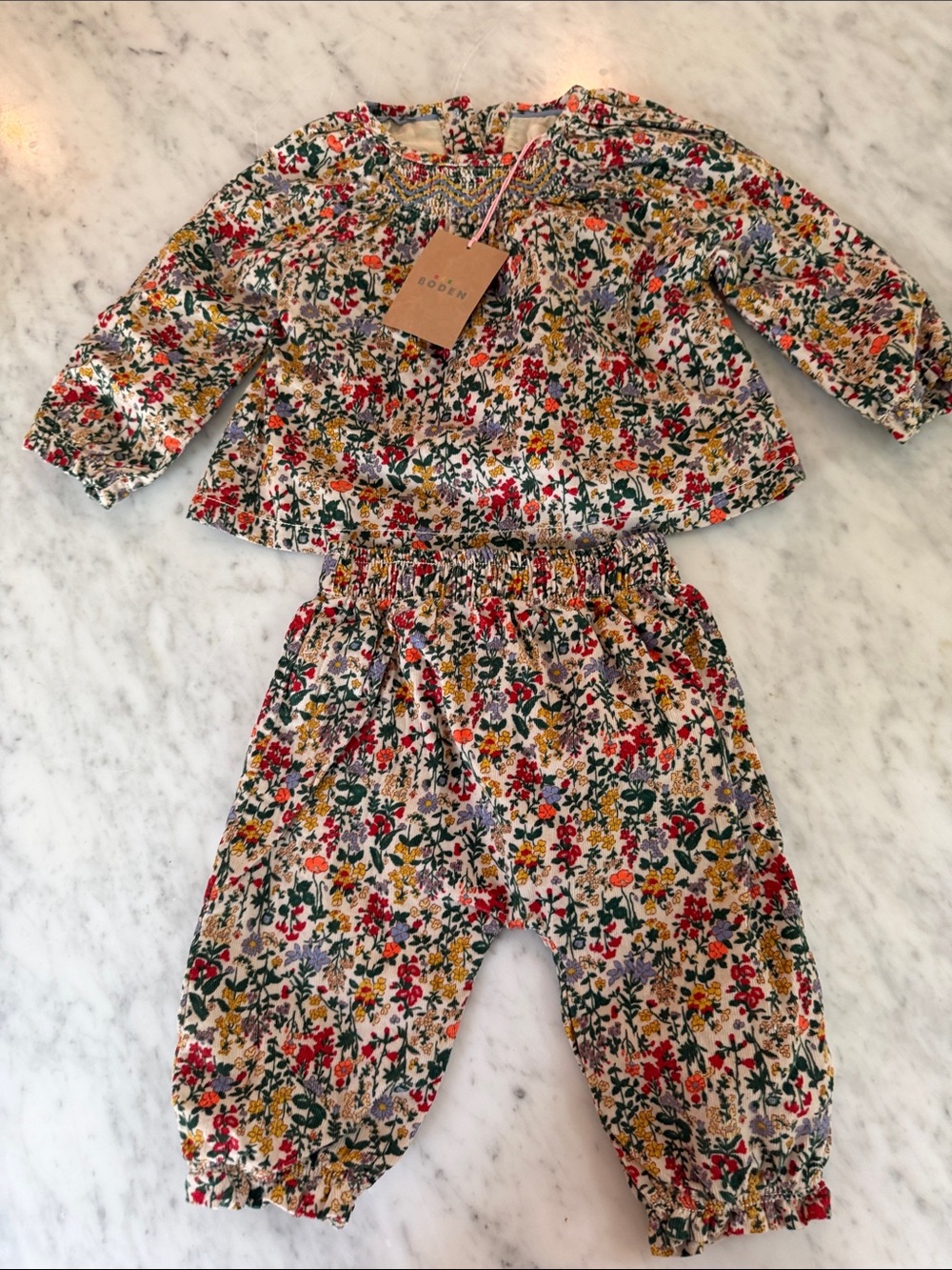 Boden Cream Floral Two-Piece Pajama Set with Red, Green & Yellow Flowers